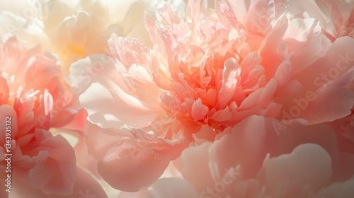 Lush, fully bloomed peonies in delicate shades of pink, blush, and coral, their dewy petals soft and layered with natural detail, glowing gently in the early morning light.