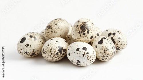 Collection of speckled quail eggs on a seamless white background studio shot