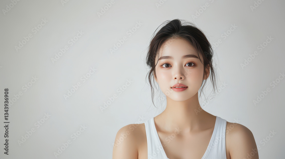 candid portrait of young Asian woman with natural expression, wearing white tank top against light background. candid portrait of young Asian woman with natural expression, wearing white tank top against light background.