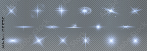 realistic glowing light burst with lens flares, sparkles, and starlight effects. Ideal for magic designs, fireworks visuals, galaxy themes, and festive vector illustrations. Isolated and editable