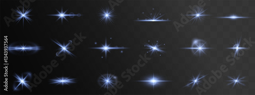 realistic glowing light burst with lens flares, sparkles, and starlight effects. Ideal for magic designs, fireworks visuals, galaxy themes, and festive vector illustrations. Isolated and editable