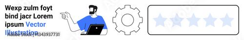 Person working on laptop and gesturing, gear symbolizing settings, and a five-star rating panel. Ideal for feedback, reviews, productivity, online services, innovation, teamwork flat landing page