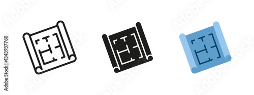 Blueprint icon. Architectural floor plan vector illustration. Construction, engineering, and design document symbol. Technical drawing concept for building projects and real estate planning.