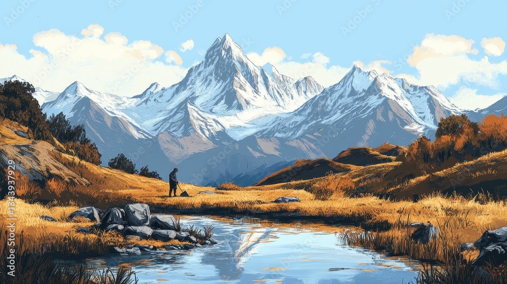 Fototapeta premium Person raking golden field near mountain stream.