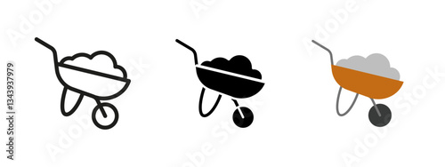 Wheelbarrow icon. Construction and gardening tool vector illustration. Used for transporting materials like soil, concrete or debris. Essential for building sites, landscaping and heavy-duty work.