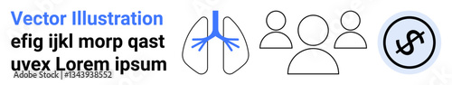 Diagram of human lungs, group of three individuals, and circular financial concept. Ideal for healthcare, teamwork, finance, education, minimal graphic design, medical infographics simple landing