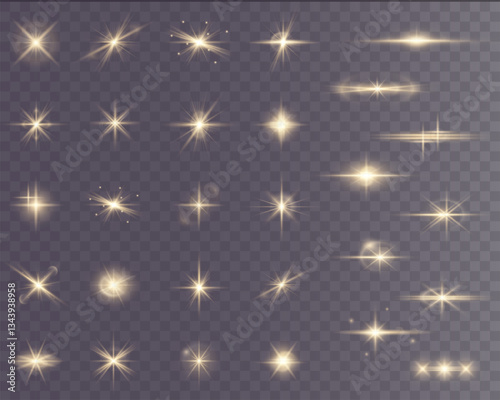 Golden starburst light with sparkles, shimmering flares, and glowing particles. Perfect for festive celebrations, magical moments, abstract effects, and bright decorative vector designs