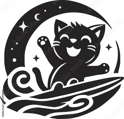 A cute black feline silhouette gazes from a cartoon moon, a vector art illustration of a pet's funny night