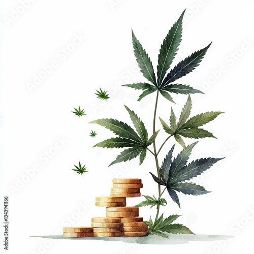 Illustration of cannabis plant alongside stacks of coins, symbolizing the growth of the marijuana industry and its financial potential.