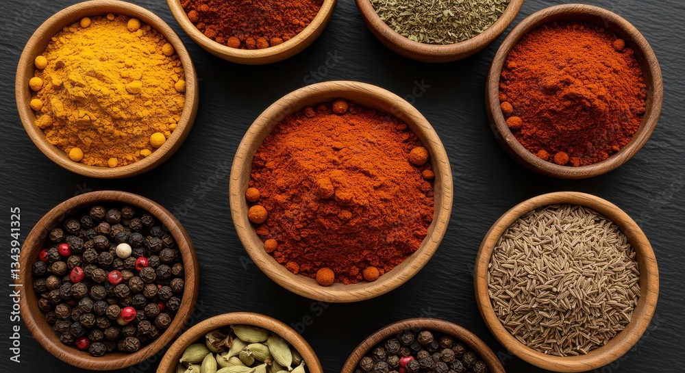 Variety of Aromatic Spices and Powders in Wooden Bowls on Black Surface Variety of Aromatic Spices and Powders in Wooden Bowls on Black Surface
