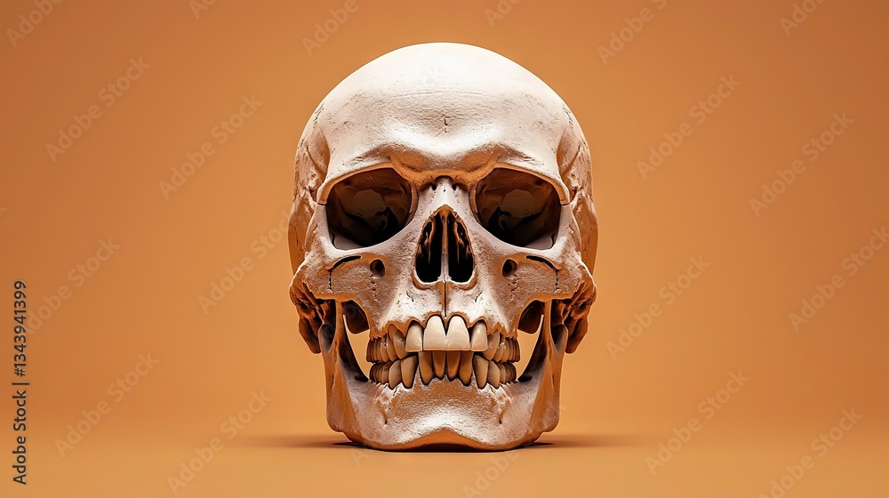 Obraz premium A close-up of a skull wearing glasses against a dark brown background, with an orange background visible in the distance