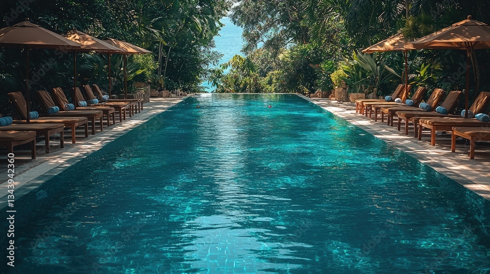 Obraz premium Serene tropical poolside scene with sun loungers and lush greenery