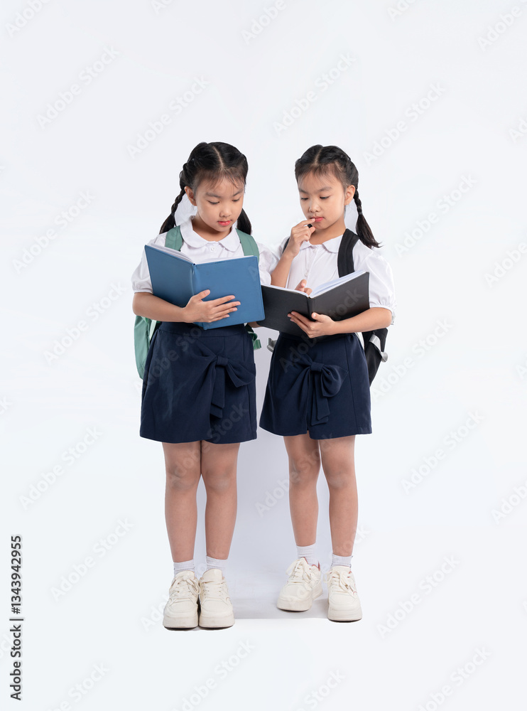 School girls study together, engrossed in their books, ready for learning and homework with friends. School girls study together, engrossed in their books, ready for learning and homework with friends.