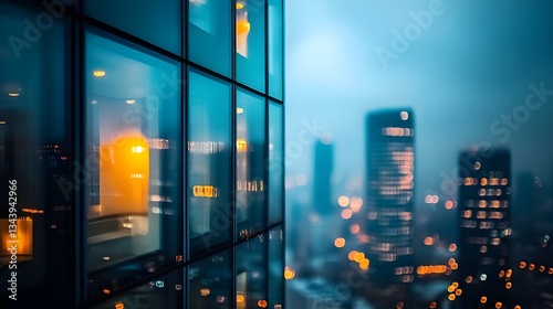 Nighttime close-up of a modern skyscraper with glowing windows.