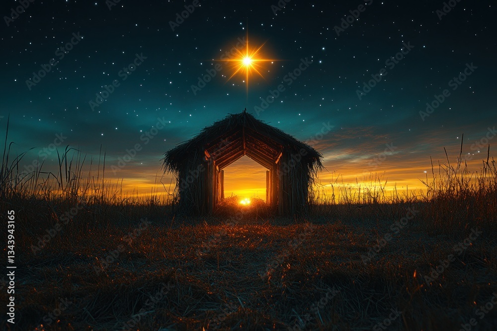 Obraz premium Christmas Nativity Scene Wooden Manger Night Sky Birth of Jesus Christ Star Salvation Messiah God with Us Hope