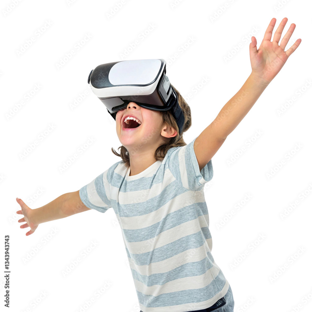 Excited child wearing virtual reality headset, experiencing immersive school technology, arms raised in joy and wonder Excited child wearing virtual reality headset, experiencing immersive school technology, arms raised in joy and wonder