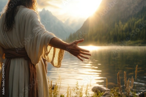Jesus Christ Reaching Out His Hand in Light by the River for Faith and Salvation