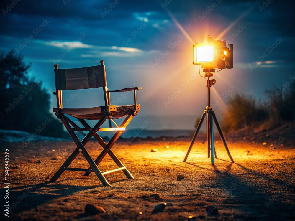 Empty Film Set at Night: Director's Chair, Camera, Low Light Photography