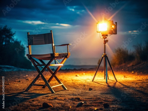 Obraz na płótnie Empty Film Set at Night: Director's Chair, Camera, Low Light Photography w salonie