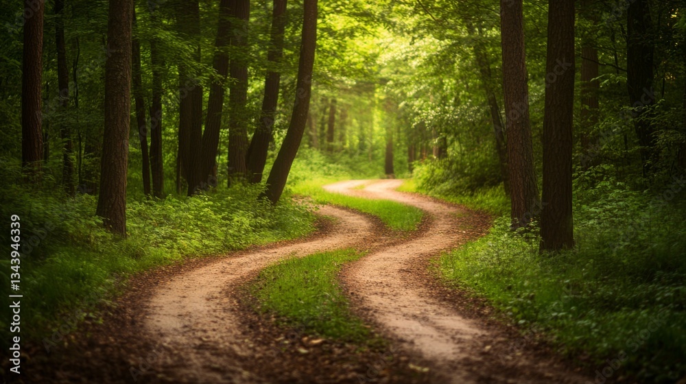 Fototapeta premium Two diverging forest paths: one overgrown, the other well-kept, symbolizing choices between tradition and progress.