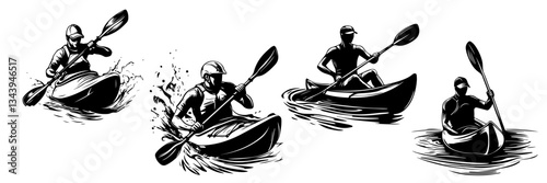 Dynamic Kayaking and Canoeing Silhouettes for Adventure-Themed Art