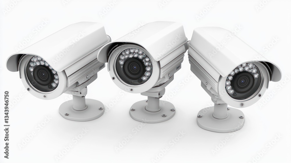 Triple Vision: Sleek White Security Cameras Ensuring Comprehensive Surveillance Triple Vision: Sleek White Security Cameras Ensuring Comprehensive Surveillance