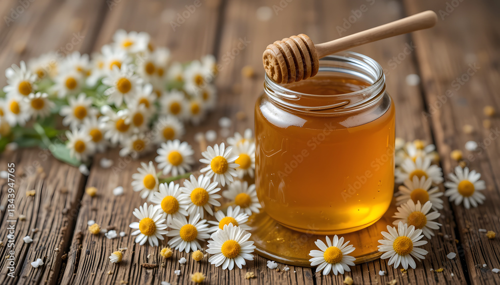 Jar of Fresh Honey with Chamomile Flowers on Rustic Wooden Table – Organic Sweetener Jar of Fresh Honey with Chamomile Flowers on Rustic Wooden Table – Organic Sweetener
