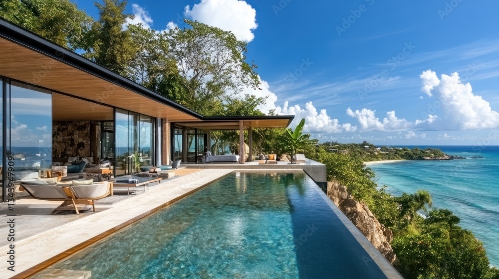 Fototapeta premium Luxury Oceanfront Villa with Infinity Pool and Breathtaking Coastal Views