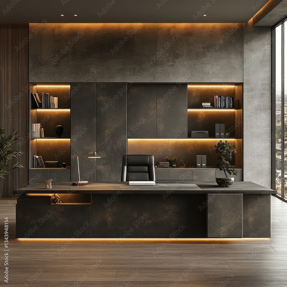 Modern dark executive office with built-in shelving and city view Modern dark executive office with built-in shelving and city view