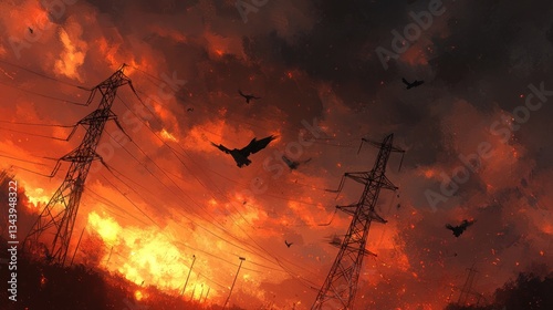 Fiery sunset over power lines with flying birds amidst a wildfire.