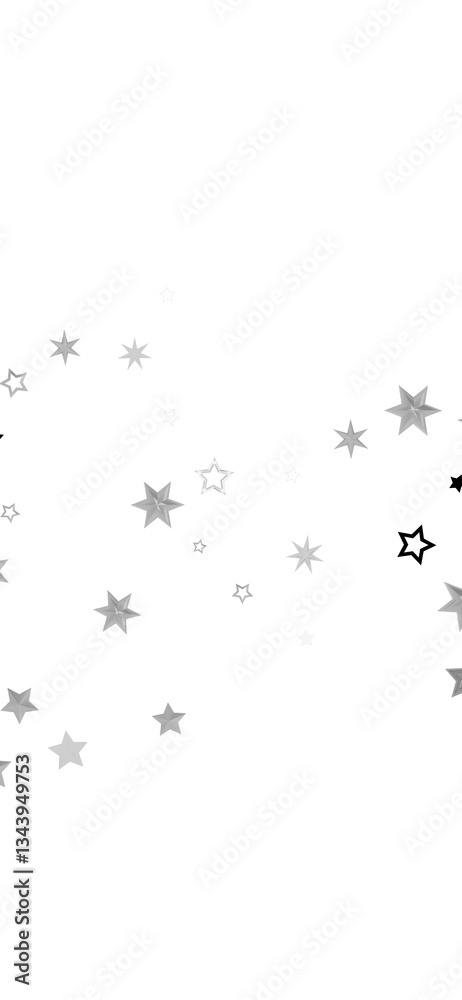 Naklejka premium A digital illustration of scattered silver stars on a black background. The stars are of different sizes and create a sparkly, glittering effect.