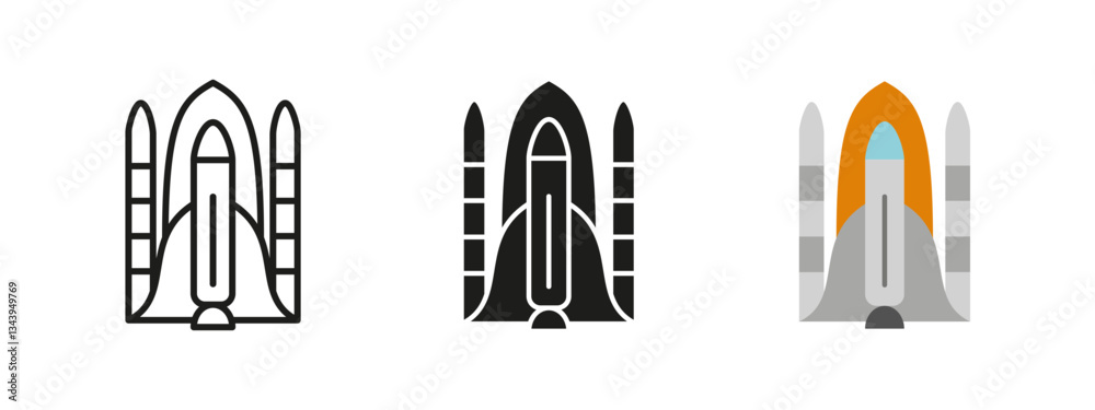 Shuttle icon. Spacecraft launch vector illustration. Rocket propulsion system symbol. Orbital mission and interstellar exploration pictogram. Aerospace engineering and futuristic technology concept.