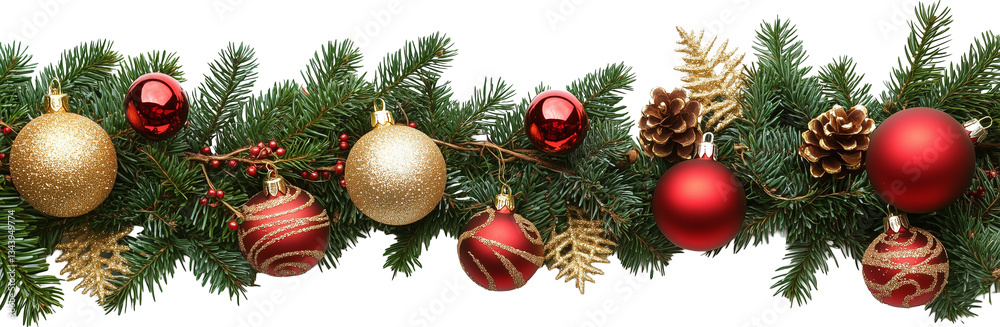 Fototapeta premium Christmas Branches Border with Christmas Decorations PNG isolated over transparent background.