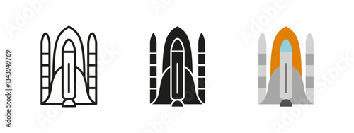 Shuttle icon. Spacecraft launch vector illustration. Rocket propulsion system symbol. Orbital mission and interstellar exploration pictogram. Aerospace engineering and futuristic technology concept.