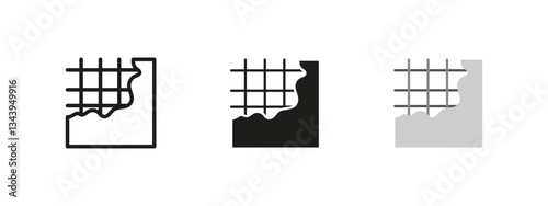 Concrete damage icon. Structural wall with exposed rebar vector illustration. Cracked surface symbol for construction and material deterioration. Infrastructure wear and industrial framework pictogram