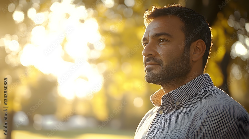A pensive middle-aged man with a beard stands outdoors in a park du the golden hour sunlight. A pensive middle-aged man with a beard stands outdoors in a park du the golden hour sunlight.
