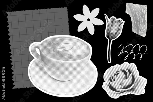 Coffee and notes collage, trendy graphic design elements, magazine halftone flowers and pieces of textured paper. Rose, tulip and scribbles, black and white monochrome