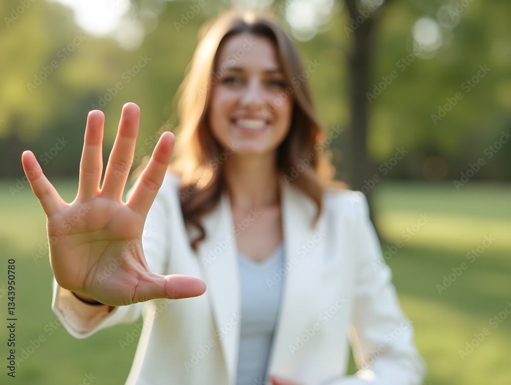 Woman in White Blazer with Gesturing Stop, Clear Hand Signal in a Natural Setting Woman in White Blazer with Gesturing Stop, Clear Hand Signal in a Natural Setting