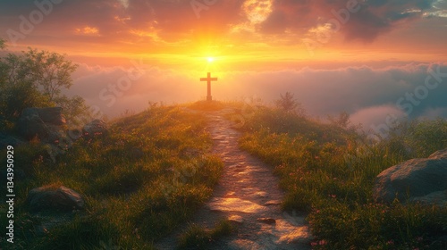 Serene Sunrise Over Hilltop Cross with Winding Path for Easter Reflection and Faith