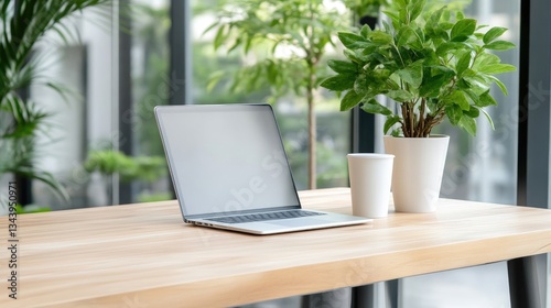 Modern workspace with laptop, plants, and coffee