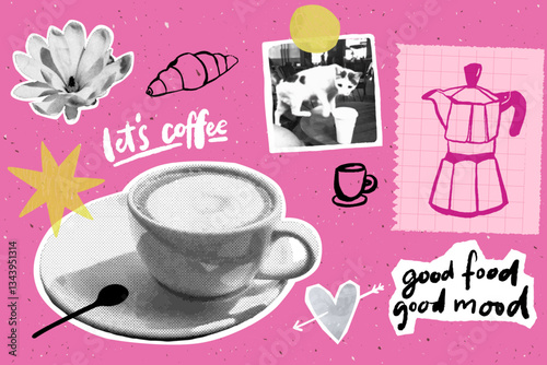 Coffee trendy collage, halftone monochrome cup of cappuccino, doodle drawings of moka pot and croissant, inspirational quote on pink background.