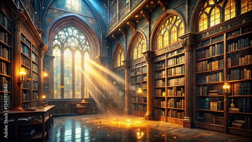Enchanting Long Exposure Shot  Magical Old Fantasy Library with Glowing Books