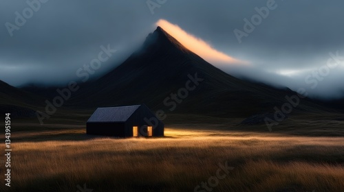 Dark mountain, illuminated cabin, tranquil landscape