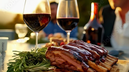 Delicious ribs with wine at sunset sharing food with friends and family outdoor summer barbecue