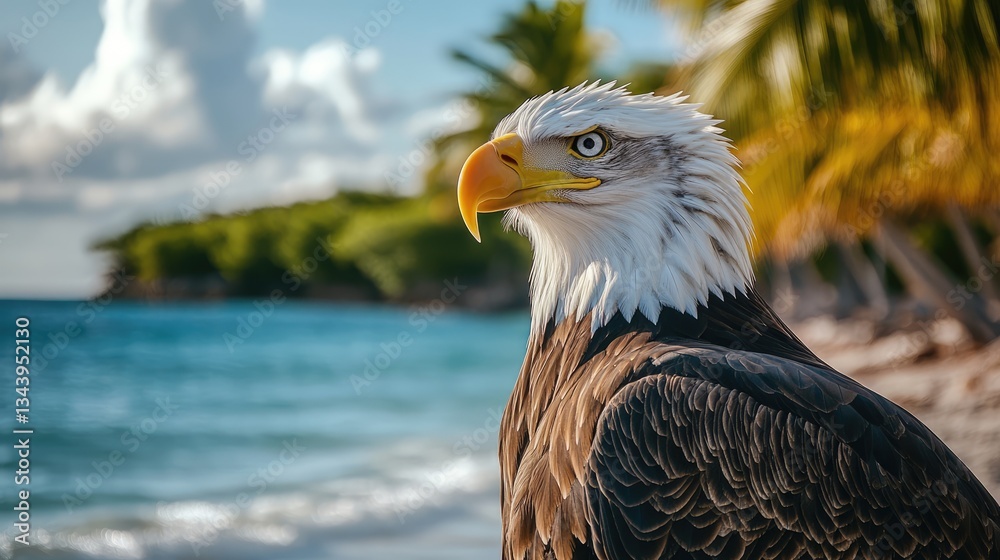 Majestic bald eagle perched by the tranquil beach, with lush palm trees and serene ocean waves in the background Majestic bald eagle perched by the tranquil beach, with lush palm trees and serene ocean waves in the background