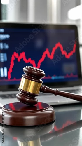 Courtroom gavel sits on a desk next to a laptop displaying fluctuating market data