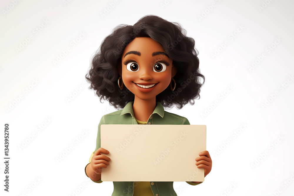 Cheerful woman cartoon character holding a blank sign, ideal for showcasing messages or announcements Cheerful woman cartoon character holding a blank sign, ideal for showcasing messages or announcements