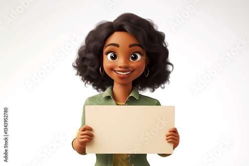 Cheerful woman cartoon character holding a blank sign, ideal for showcasing messages or announcements
