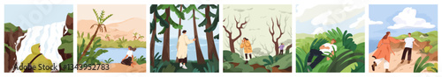 Nature landscapes, people on travel adventures set. Characters enjoying calm serene sceneries, environment with forests, waterfalls, plants, sea, peaceful outdoors. Concept flat vector illustrations