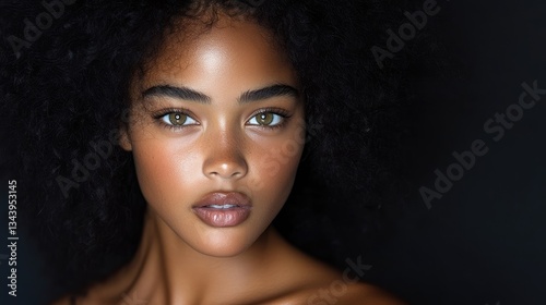 Close-up portrait of a woman with flawless skin and curly hair